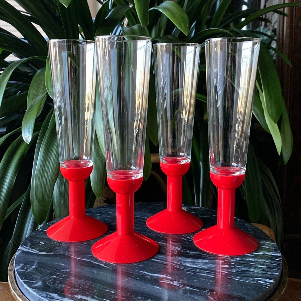 Vintage Set of 4 Bodum Oktett Champagne Glass Flutes Retro 80’s Red Plastic Stem